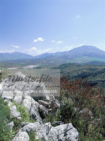 El Burgo from the viewpoint with Sierra de Alcaparain in distance, Sierra de las Nieves Natural Park, El Burgo, Malaga, Andalucia (Andalusia), Spain, Europe