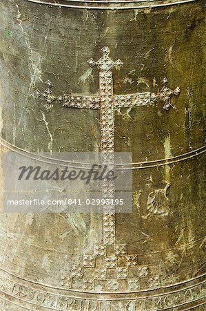 Details on bell in the cloisters of Santiago Cathedral, Santiago de Compostela, Galicia, Spain, Europe