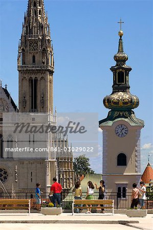 View towards St. Stephen's Cathedral and the Church of St. Mary, from Jezuitski Square, Gorni Grad (Upper Town), Zagreb, Croatia, Europe