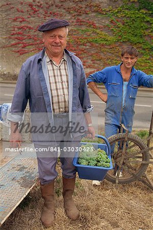 Portrait of two French men standing looking at the camera, one holding a basket of grapes, vignerons, near Nantes, western Loire, France, Europe
