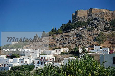 The Acropolis and village of Lindos on the island of Rhodes, Dodecanese, Greek Islands, Greece, Europe