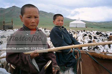 Young boys on horseback herding sheep, Mongolia, Central Asia, Asia