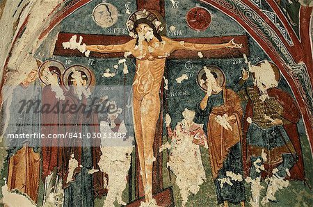 Crucifixion, Christian frescoes in Sandal Church, Goreme Open Air Museum, Goreme, Cappadocia, Anatolia, Turkey, Asia Minor, Eurasia