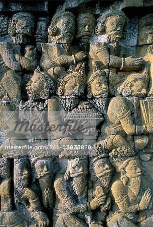 Detail of the carved friezes dating from the 8th century AD, Buddhist site of Borobudur, UNESCO World Heritage Site, Java, Indonesia, Southeast Asia, Asia