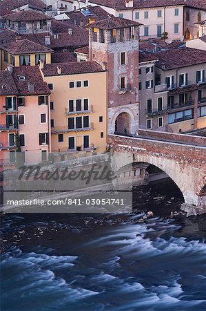 High view of city and Ponte Pietra, Verona, Veneto, Italy, Europe