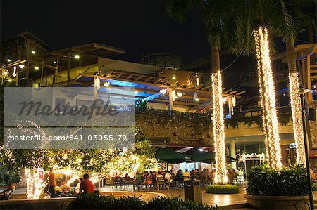 Greenbelt Entertainment Area with illuminated palm trees and outdoor dining, Makati District, Manila, Philippines, Southeast Asia, Asia