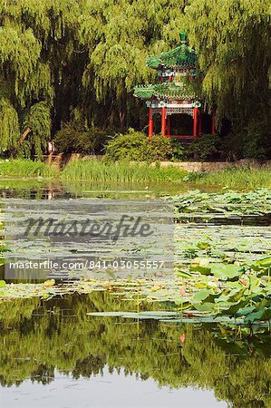 A pavilion among lily pads on a lake at Yuanmingyuan (Old Summer Palace), Beijing, China, Asia