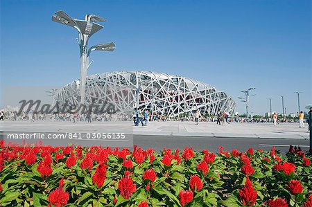 Flowers and The Birds Nest National Stadium designed by Herzog and de Meuren in the Olympic Green, Beijing, China, Asia