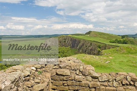 Hadrians Wall looking east from turret 45b, UNESCO World Heritage Site, Northumbria, England, United Kingdom, Europe