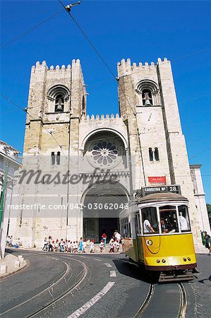 Electrico (electric tram) in front of the Se Cathedral, Lisbon, Portugal, Europe
