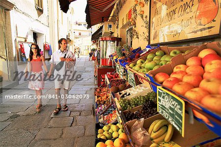 Fruit displayed outside shop, Calvi, Corsica, France, Europe