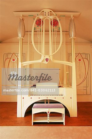 The piano in the music room in the House for an Art Lovers, architect Charles Rennie Mackintosh, Glasgow, Scotland, United Kingdom, Europe