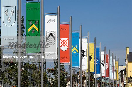 Pennants in Eyre Square representing the tribes (families) of Galway, County Galway, Connacht, Republic of Ireland, Europe