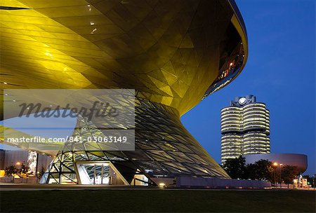 BMW Welt and Headquarters illuminated at night, Munich (Munchen), Bavaria, Germany, Europe