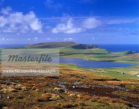 Loch of Spiggie and southwest coast of Mainland with Fitful Head on left, Mainland, Shetland Islands, Scotland, United Kingdom, Europe