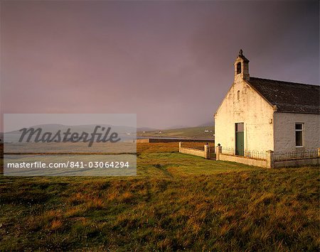 Church at North Roe in morning light, Northmavine, Shetland Islands, Scotland, United Kingdom, Europe