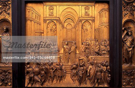 Gates of Paradise, bronze replica, by Lorenzo Ghiberti (1378-1455), scenes of the Old Testament, east door of the Baptistery near the Duomo, Florence (Firenze), Tuscany, Italy, Europe