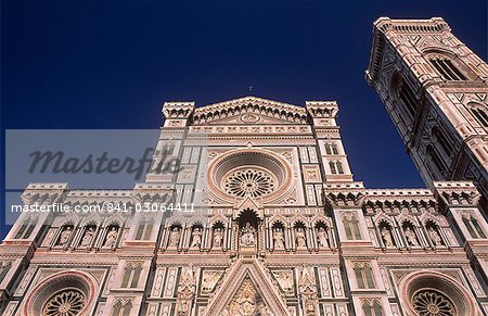 Facade of polychrome marble of the Duomo Santa Maria del Fiore and Giotto's campanile, UNESCO World Heritage Site, Florence, Tuscany, Italy, Europe
