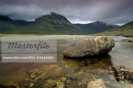 Stream flowing into Loch Slapin, Cuillins behind, Isle of Skye, Inner Hebrides, Scotland, United Kingdom, Europe