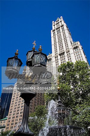 Woolworth Building and Croton Fountain, City Hall Park, Lower Manhattan, New York City, New York, United States of America, North America