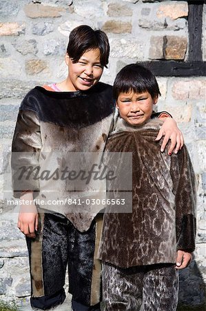 Native children wearing seal skin clothing, Museum in Nanortalik Port, Island of Qoornoq, Province of Kitaa, Southern Greenland, Kingdom of Denmark, Polar Regions