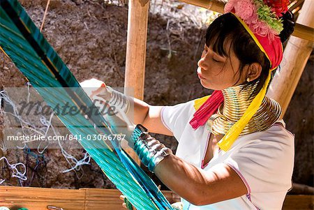 Long neck woman weaving, Karen Padaung, Chiang Mai, Thailand, Southeast Asia, Asia