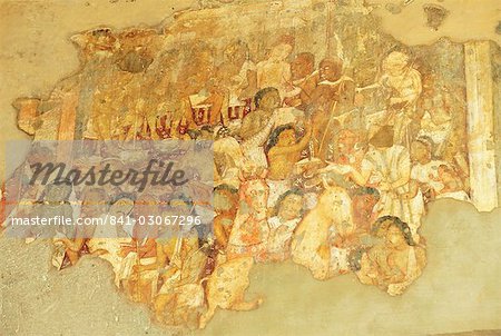 Painting in Cave 17, one of the world-heritage Buddhist caves at Ajanta, carved from a gorge in the Waghore River, Maharashtra State, India