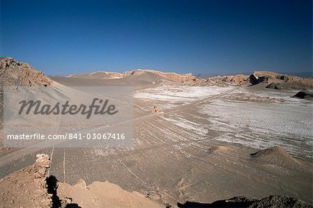 Wind sculpted rock formations and salt deposits of the Valley of the Moon, San Pedro de Atacama, Chile, South America