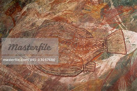 X-ray style fish at the Aboriginal rock art site at Ubirr Rock, Kakadu National Park, where paintings date from 20000 years old to present day, UNESCO World Heritage Site, Northern Territory, Australia, Pacific