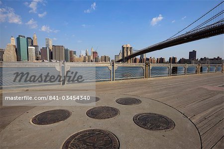 Brooklyn Bridge spanning the East River from Fulton Ferry Landing, Brooklyn, New York City, New York, United States of America, North America