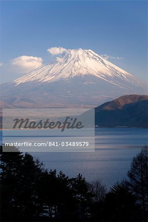 Mount Fuji, 3776m, viewed across Mototsu-Ko, one of the lakes in the Fuji Go-ko (Fuji Five Lakes) region, Honshu, Japan, Asia