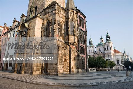 Early morning, Town Hall, Astronomical clock, Church of St. Nicholas, Old Town Square, Old Town, Prague, Czech Republic, Europe