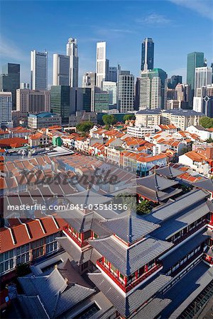 Elevated view over Chinatown, the new  Buddha Tooth Relic temple and modern city skyline, Singapore, Southeast Asia, Asia