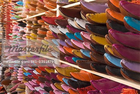 Traditional leather shoes on sale in a shop next to the tannery, Fez, Morocco, North Africa, Africa