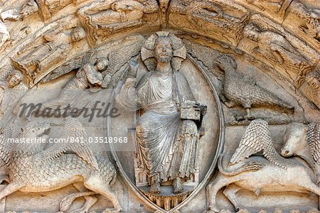 Sculpture of Royal Gate, central tympanum, Chartres Cathedral, UNESCO World Heritage Site, Chartres, Eure et Loir, France, Europe