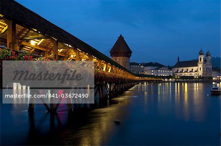 Chapel bridge at dusk, Lucerne, Switzerland, Europe