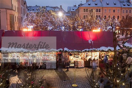 Stalls at Christmas Market in the evening, Old Town Square, Stare Mesto, Prague, Czech Republic, Europe