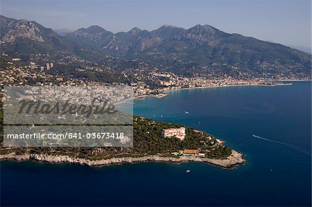 View from helicopter of Roquebrune, Cap Martin, Provence, Cote d'Azur, French Riviera, France, Mediterranean, Europe