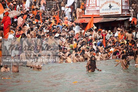 Sadhus at a royal bath (Sahi Snan) during Kumbh Mela in Haridwar, Uttar Pradesh, India, Asia