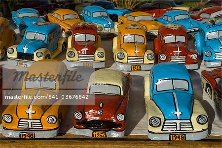 Oldtimers made of sheet metal as souvenirs for sale, Sancto Spirito, Cuba, West Indies, Caribbean, Central America