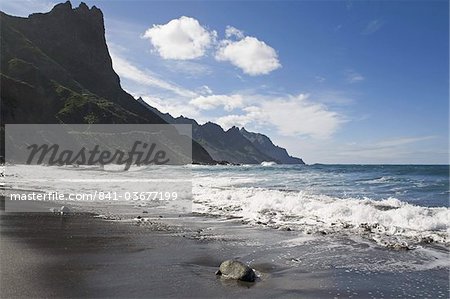 Atlantic Ocean waves crash onto black volcanic sand at Taganana, Tenerife, Canary Islands, Spain, Atlantic, Europe