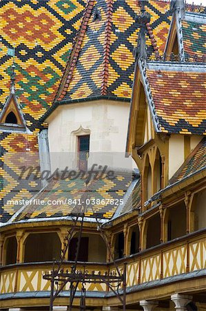 The colourful tiled roof at the Hotel Dieux in Beaune, Burgundy, France, Europe