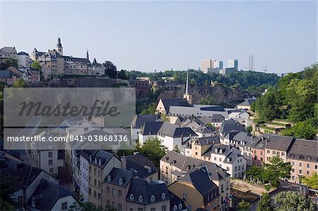 Modern architecture of the EU district on Kirchberg Plateau and Old Town fortifications, UNESCO World Heritage Site, Luxembourg City, Grand Duchy of Luxembourg, Europe