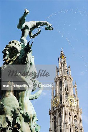 Tower of Onze Lieve Vrouwekathedraal and the baroque Brabo fountain, Grote Markt, Antwerp, Flanders, Belgium, Europe