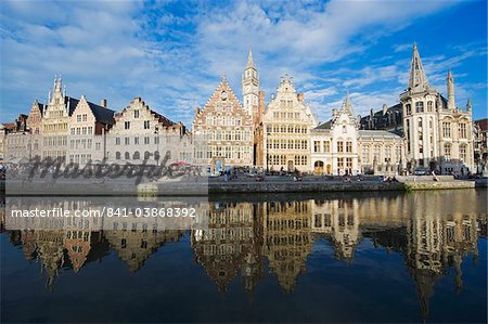 Reflection of waterfront town houses, Ghent, Flanders, Belgium, Europe