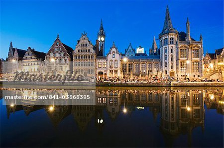 Night time reflection of waterfront town houses, Ghent, Flanders, Belgium, Europe