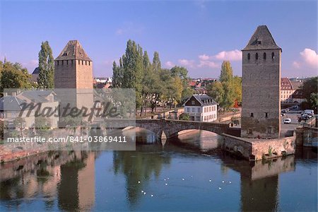 The Ponts-couverts (Covered-bridges) dating from the 14th century and two defensive towers over River Ill, overlooking the Petite France quarter, part of the Grande Ile, UNESCO World Heritage Site, Strasbourg, Alsace, France, Europe