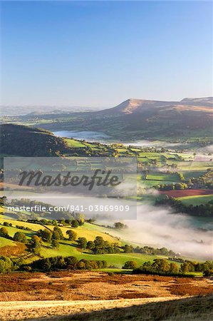 Rolling mist covered farmland in the Usk Valley, Brecon Beacons National Park, Powys, Wales, United Kingdom, Europe