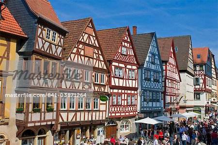 Half timbered houses in the pedestrian zone of Ochsenfurt, Franconia, Bavaria, Germany, Europe