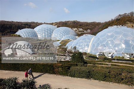 View from top road of Biomes at Eden Project, St. Austell, Cornwall, England, United Kingdom, Europe